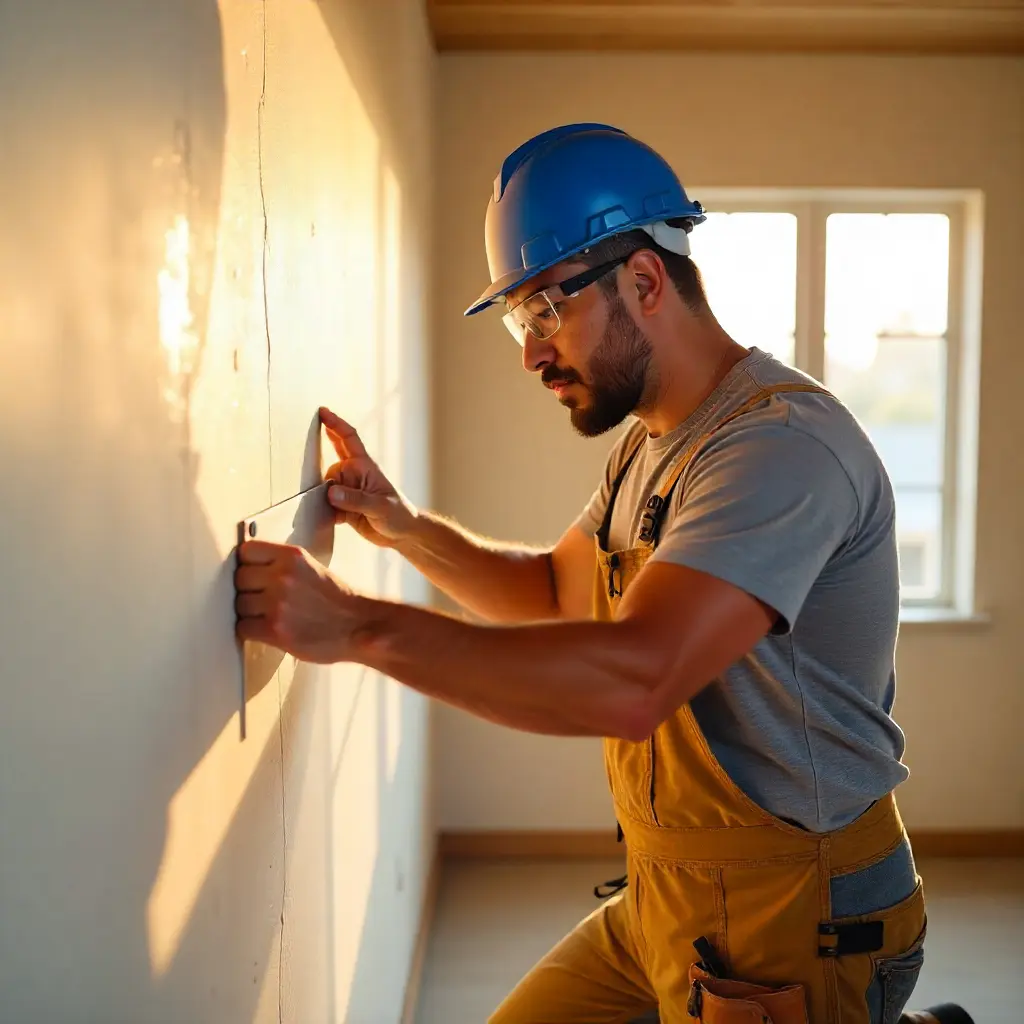 A american male construction worker in his late 30s, wearing a blue hard hat and safety glasses, professional drywall repairing in a brightly lit, unfinished suburban home during a sunny summer afternoon. He is applying joint compound with a 6-inch taping knife, wearing a grey t-shirt and work boots.
