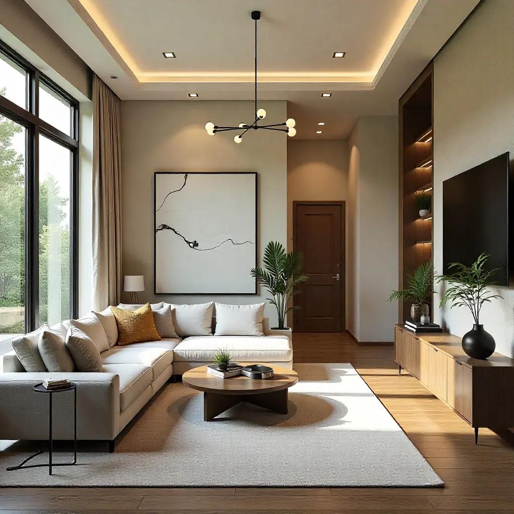 Elegant modern living room showcasing north dallas luxury home remodel trends with neutral tones, custom lighting, wood accents, and open-space design highlighting upscale residential interiors.