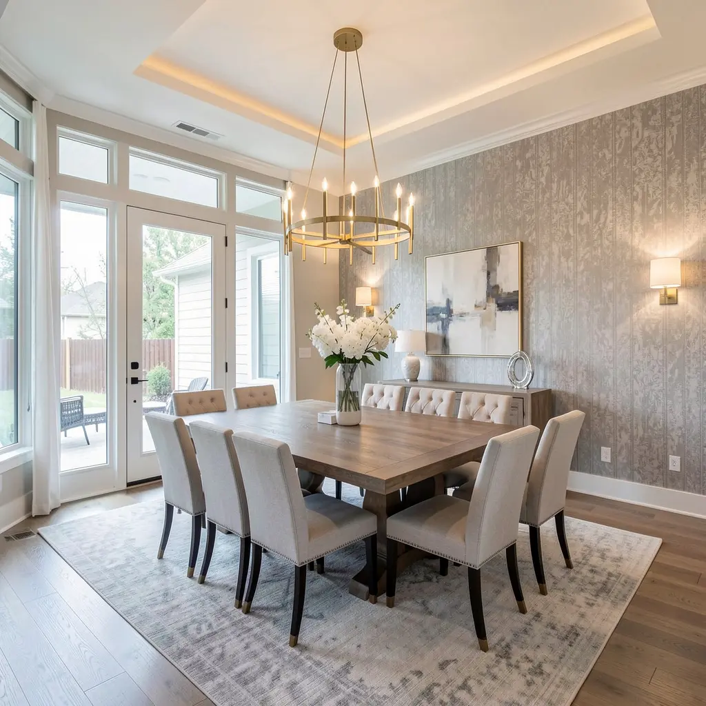 luxury Design-Build remodeling in Dallas home, spacious dining room with modern chandelier and textured accent wall.