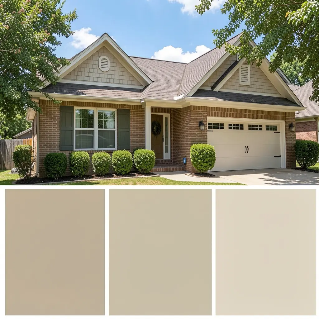 house paint in Dallas, sunlit suburban exterior with neutral beige swatches