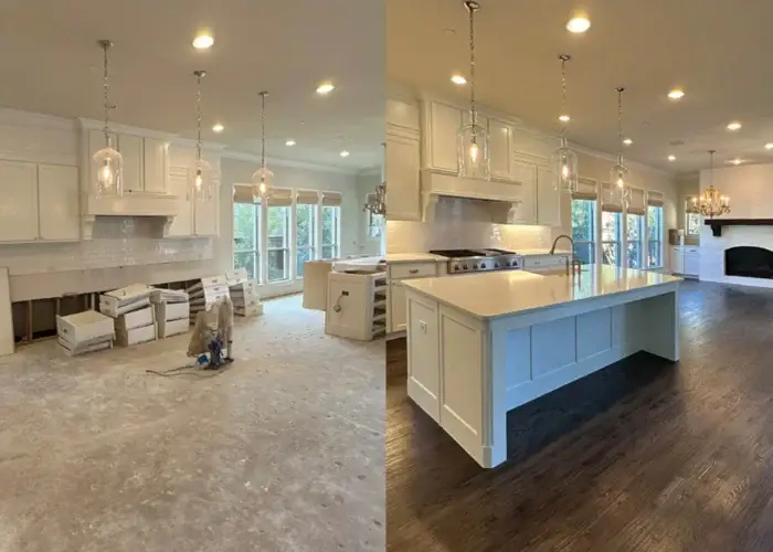 Side-by-side before and after view of a full water damage kitchen restoration in Dallas, TX showing construction phase and finished elegant design with island and lighting