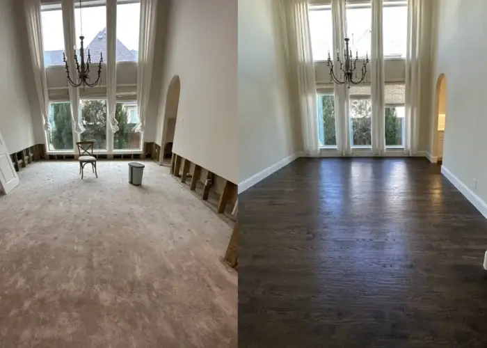Before and after photo of a water damage restoration Frisco TX in living room restored, showing flooring replacement and wall repairs after flood damage