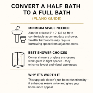 Modern full bathroom remodel featuring a spacious walk-in shower with glass enclosure, dual showerheads, and marble-style tile design, showcasing the value of converting a half bath to a full bath in Plano homes.