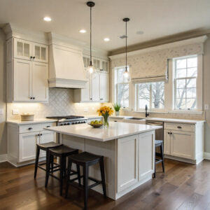Elegant Custom Kitchen Cabinets in a modern Plano home featuring premium wood finishes, soft-close drawers, and open shelving, showcasing expert craftsmanship by Home Platinum Services.