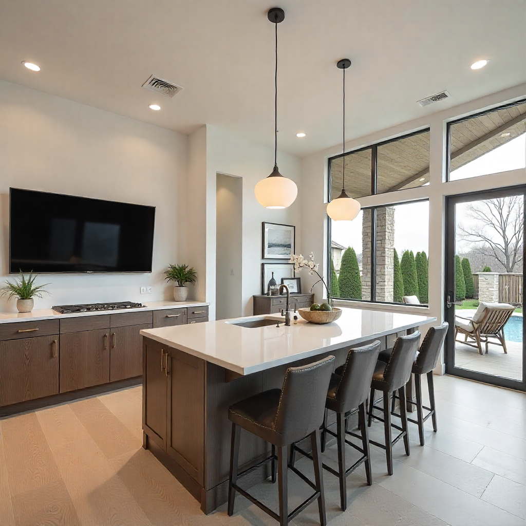 Contemporary North Dallas kitchen remodel featuring sleek cabinets, quartz countertops, pendant lighting, and open layout overlooking the backyard showcasing modern home renovation design trends & home remodel costs in North Dallas, TX.