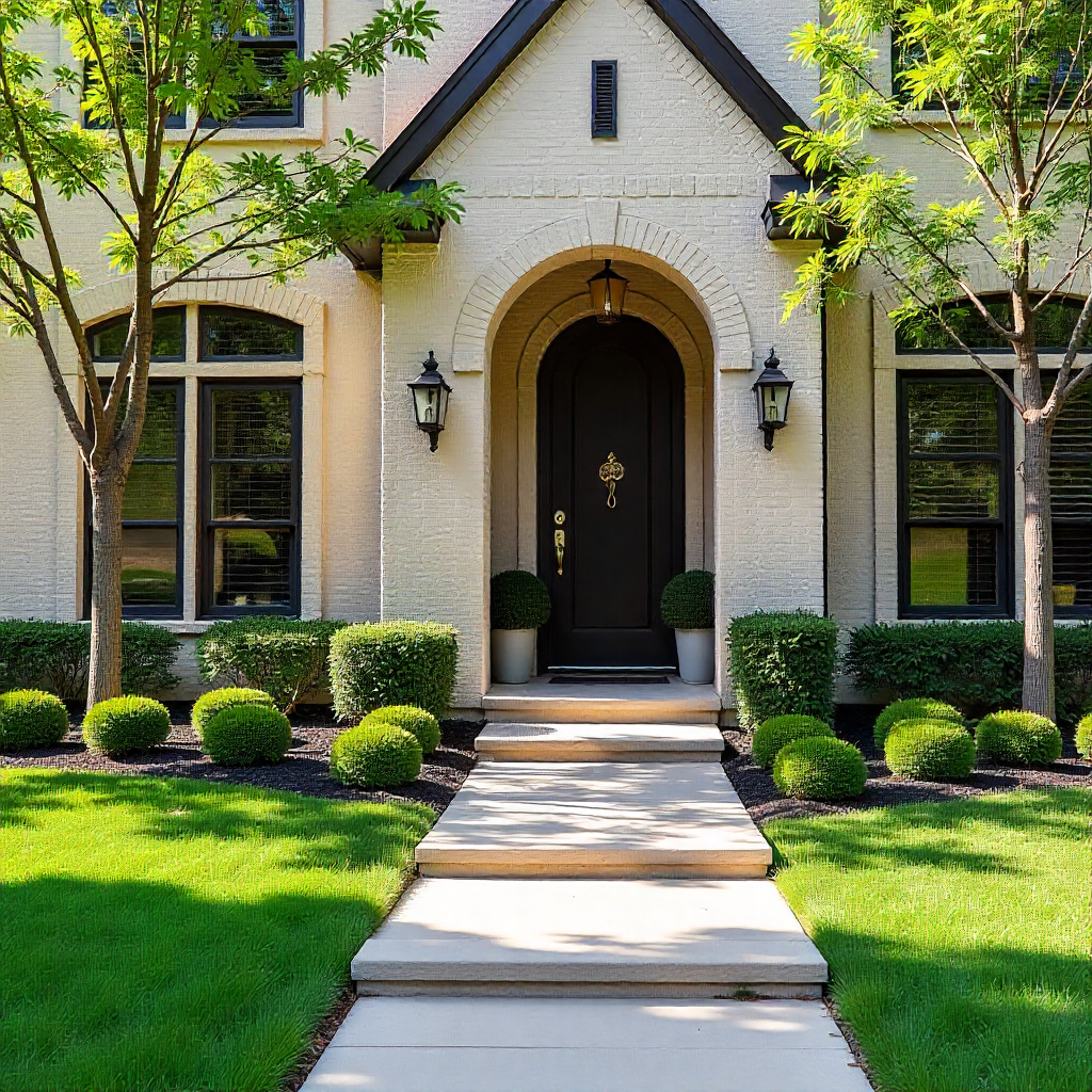 Front exterior of a luxury Plano home featuring upgraded landscaping, elegant entryway design, and enhanced curb appeal elements, photographed for a local guide on boosting home value in Plano and nearby areas, with design quality comparable to premium bathroom renovation standards.