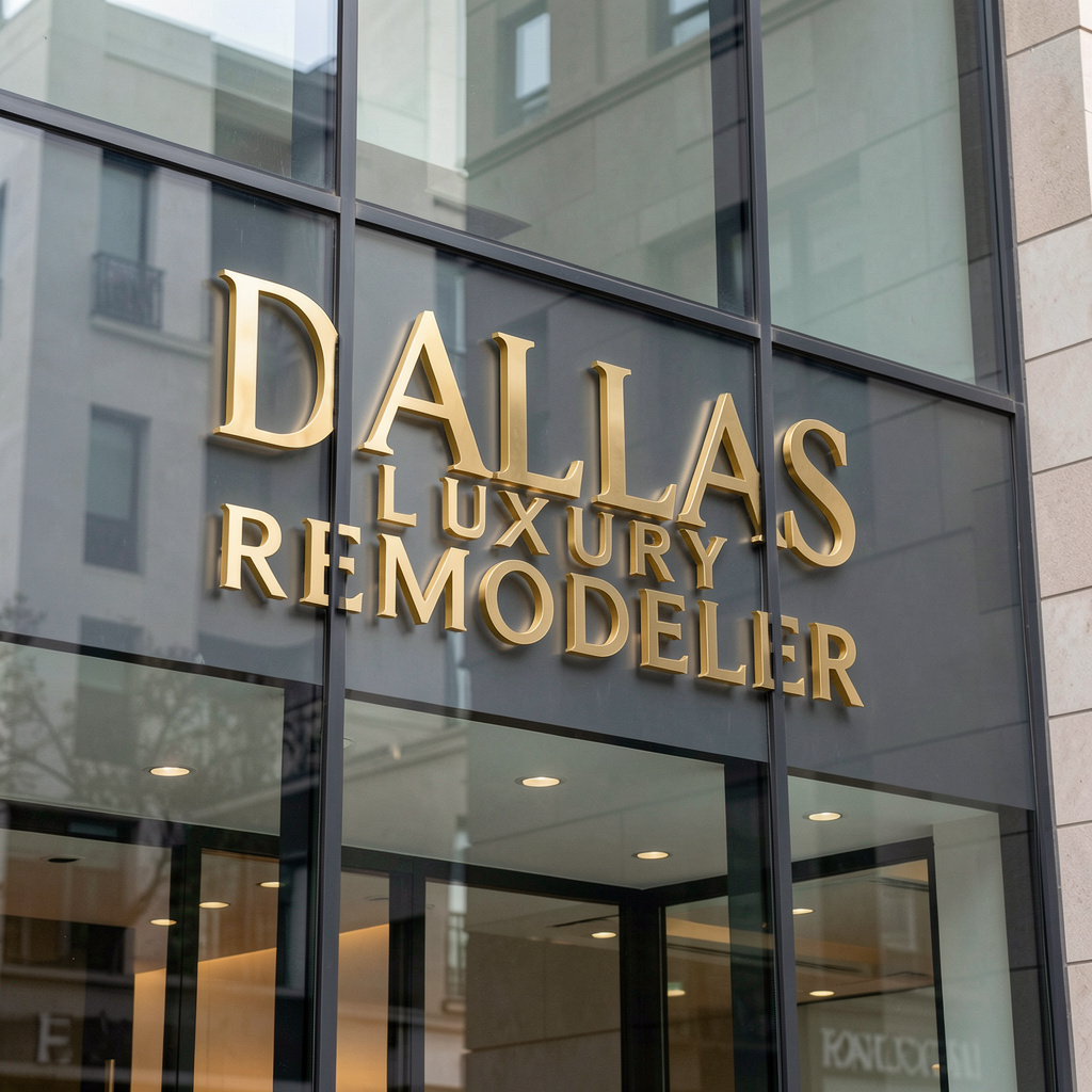 Dallas Luxury Remodelers signage on a glass-front luxury building facade, gold lettering by Home Platinum Services.