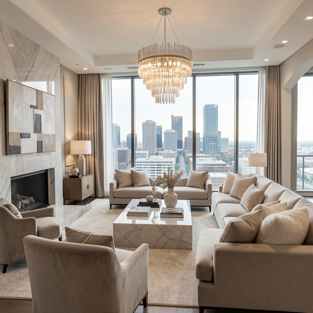 high-end remodeled Dallas living room, expansive city view, elegant neutral palette, statement chandelier, polished surfaces.