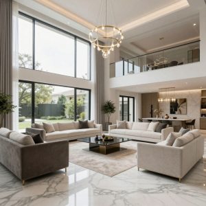 luxury Design-Build remodeling in Dallas home, open-plan living area with marble floors and floor-to-ceiling windows.