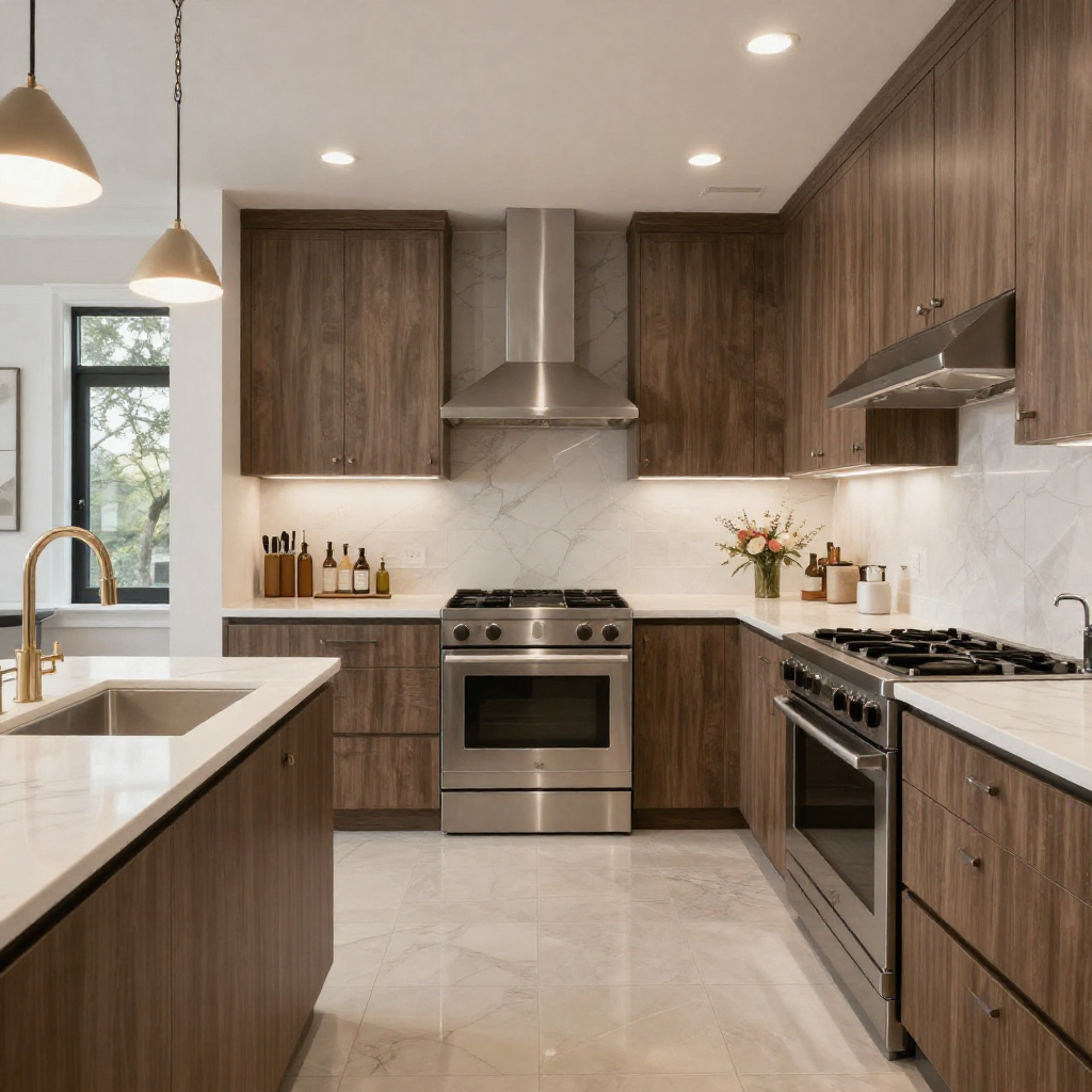 Luxury kitchen remodeling Dallas with quartz island and custom cabinetry by Home Platinum Services.